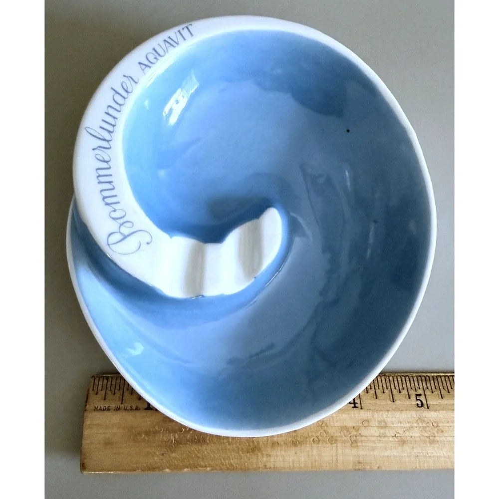 Bommerlunder Aquavit Bavaria Ceramic Ashtray Vintage Barware Blue White Freeform